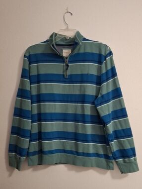 Men's Quarter-Zip Striped Pullover Sweater/ Sweatshirt - Blue & Sage Size XL